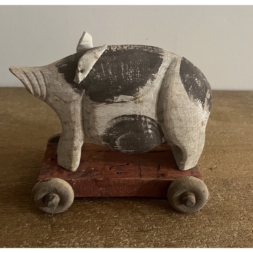 Vintage Folk Art Wooden Pig On Wheels Primitive Rustic Farmhouse Decor